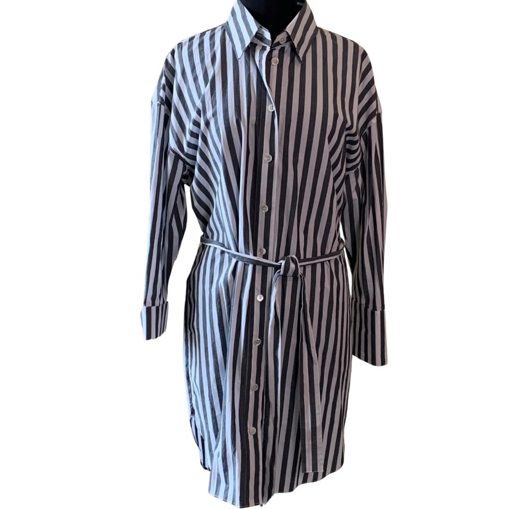 BANANA REPUBLIC Striped Shirtdress Gray White Size XL Tie Belt